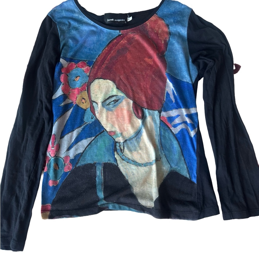 Artistic Long Sleeve Top with Red and Blue Design
